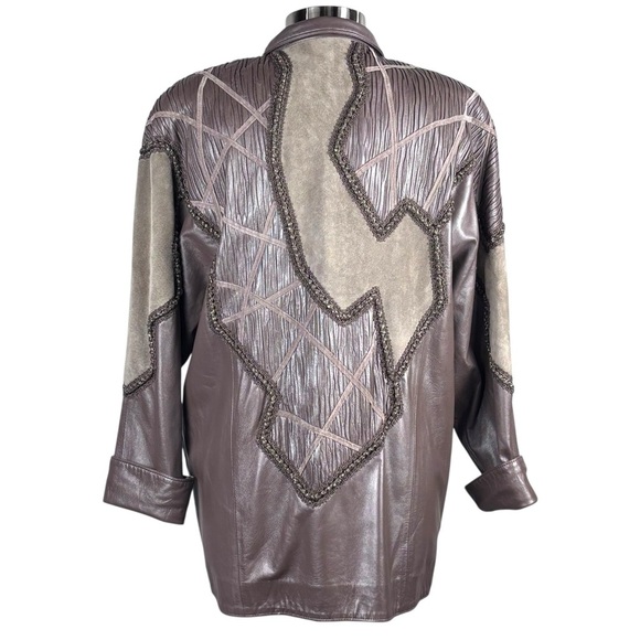 VINTAGE 80S LEATHER WOOL PATCHWORK ABSTRACT TAUPE TAN STATEMENT JACKET NORMA - Picture 5 of 15